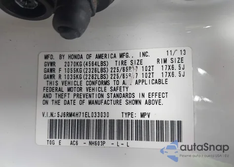 2014 Honda Cr-V Ex-L z USA, uszkodzony, nr VIN 5J6RM4H71EL033030